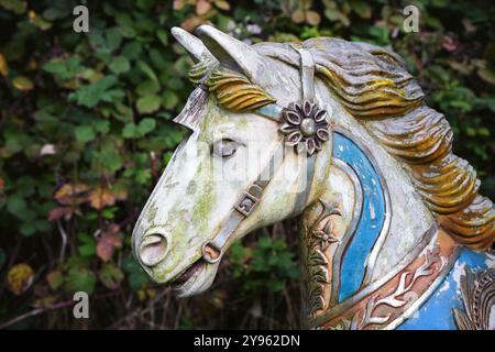 Tête d'un vieux cheval de carrousel en bois dans une cour arrière, altérée et partiellement recouverte de mousse mais toujours belle, espace copie, foyer sélectionné Banque D'Images