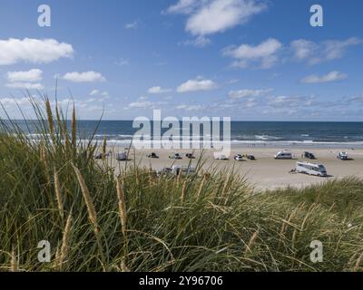 Vue sur les dunes à une plage de voiture sur la mer du Nord avec camping-cars au bord de la mer sous un ciel bleu, Vejers Strand, Danemark, Europe Banque D'Images