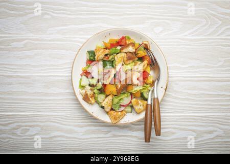 Plat traditionnel du Levant salade Fattoush, cuisine arabe, avec croûtons de pain pita, légumes, herbes. Salade végétarienne saine du moyen-Orient, woo rustique Banque D'Images