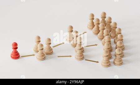 Illustration 3D de pions sur fond blanc montrant le principe de propagation de l'information et de l'influence dans les réseaux sociaux.rendu 3D sur blanc Banque D'Images