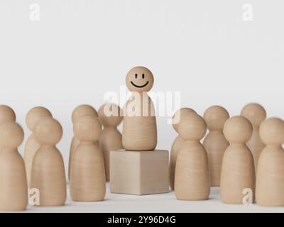 Modèle de personne en bois parmi les personnes souriantes. Concept de chef d'équipe réussi.rendu 3D sur fond blanc. Banque D'Images