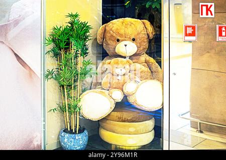 grand ours en peluche avec un petit ours en peluche dans une vitrine dans un centre commercial Banque D'Images