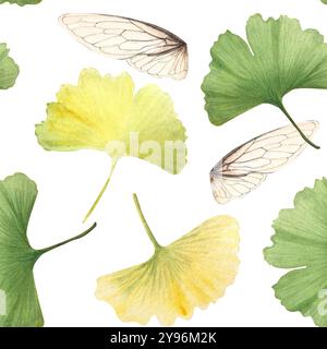 Feuilles tombantes jaune vert vif de Ginkgo, motif transparent d'ailes d'insecte sans couture. Aquarelle texturée détaillée peinte à la main parfaite pour le textile Banque D'Images