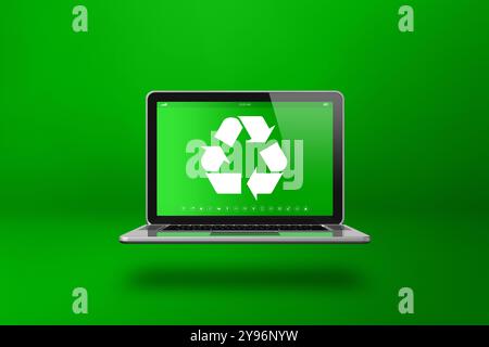 Ordinateur portable avec un symbole de recyclage à l'écran. concept de conservation de l'environnement. 3D illustration isolée sur fond vert Banque D'Images