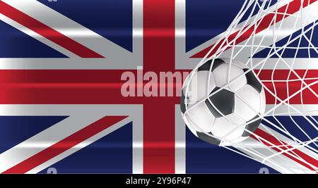 Football ou ballon de football dans Goal Net isolé sur le drapeau ombré du Royaume-Uni, équipement accessoire de sport pour jouer au jeu, championnat Illustration de Vecteur