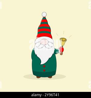 Mignon gnome de Noël en manteau vert, chapeau rayé et moufles tient une cloche. Illustration vectorielle de style de dessin animé. Illustration de Vecteur