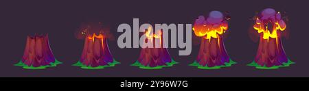 Éruption de lave du volcan. Montagne Vulcano avec fumée et feu. Illustration active de l'île volcanique avec effet d'évolution pour l'animation de catastrophe. Jeu de dessins d'éléments de feuille de sprite à phénomène de danger Illustration de Vecteur