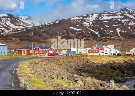 Bakkagerdi ville dans l'est de l'Islande avec des maisons résidentielles traditionnelles colorées et des montagnes enneigées en arrière-plan. Banque D'Images