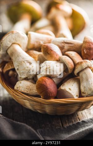 Champignons boletus frais dans un panier sur une table en bois. Banque D'Images