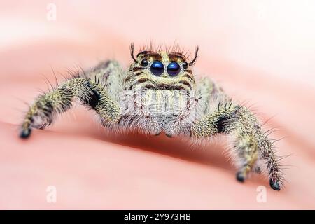 Photo en gros plan d'une araignée sautant sur fond rose, mettant en valeur ses couleurs vibrantes et ses jambes poilues. L'arachnide regarde devant lui avec ses multiples yeux, Banque D'Images