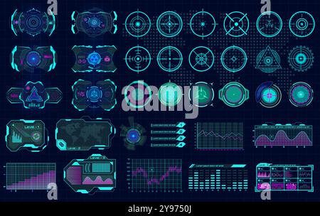 L'interface futuriste présente un ensemble d'éléments graphiques pour l'analyse et la surveillance des données. Plusieurs icônes, graphiques et indicateurs sont présents Illustration de Vecteur