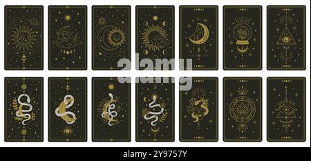 Cartes de tarot avec des motifs célestes et mystiques complexes arrangés soigneusement. Les cartes soulignent des symboles comme la lune, le soleil et les serpents, parfait Illustration de Vecteur