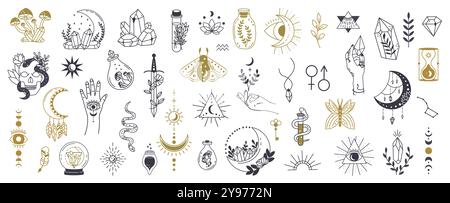 Symboles de sorcellerie qui englobent une variété d'éléments mystiques. Chaque design reflète les thèmes de la nature, de la magie et de la spiritualité, parfaits pour la création Illustration de Vecteur
