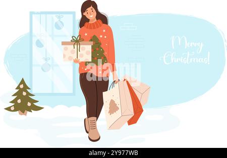 Joyeux Noël. Shopping du nouvel an. Femme heureuse en pull de Noël festif avec des paquets et une boîte-cadeau sur la rue enneigée de la fenêtre du magasin avec arbre. Vecteur h Illustration de Vecteur