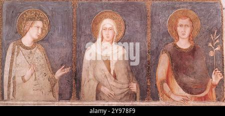 SIMONE MARTINI (1280/85, Sienne, d. 1344, Avignon) Sainte Élisabeth, Sainte Marguerite et Henri de Hongrie 1318 fresque, 120 x 228 cm Église inférieure, San Francesco, assise le groupe de saints peints à côté de l'autel dédié à Sainte Élisabeth dans le transept droit de la basilique est une expression du sentiment politique et religieux qui reliait la Maison d'Anjou à la Hongrie et aux spirituels. Les chercheurs ont trouvé des explications historiques plausibles pour leur présence et les ont identifiées. En allant de gauche à droite, après les saints François, Louis de Toulouse et Élisabeth de Hongrie, nous trouvons S. Banque D'Images