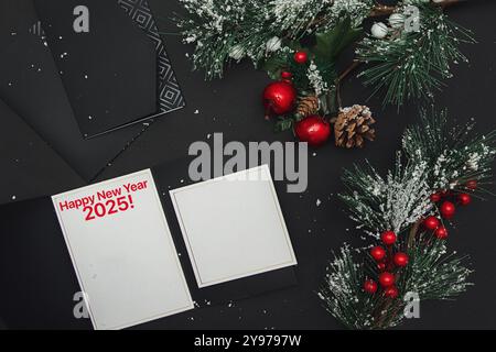 Nouvelle année 2025 maquette minimale - rouge Xmas balland firtree sur fond noir. Composition horizontale avec blanc de papier vide. Plat, vue de dessus. Banque D'Images