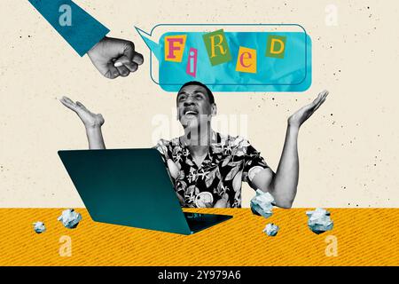Image d'illustration de collage composite de l'ordinateur portable de poing de boss tiré Guy isolé sur fond créatif Banque D'Images