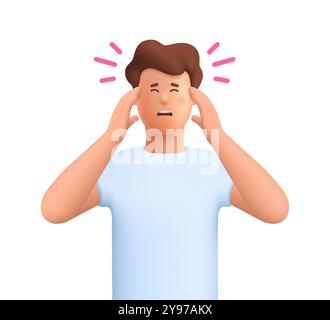 Jeune homme stressé, tenant les mains sur la tête. Migraine, stress, céphalées. personnage de personnes de vecteur 3d. Style minimaliste de dessin animé. Illustration de Vecteur