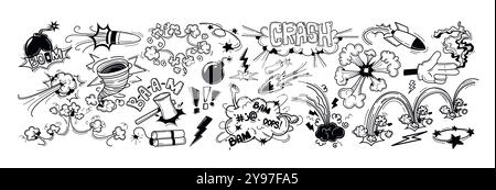 Doodle explosion de bombe dessinée à la main avec effet de crash de boom. Nuages de bande dessinée, souffle sonore avec arme nucléaire, balle, icônes de dynamite et autocollants de point d'exclamation. Éclats de fumée, de fumée ou de feu éclair Illustration de Vecteur