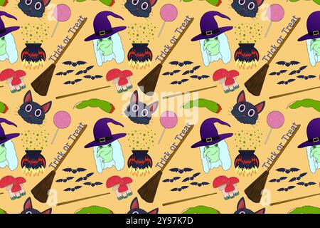 Motif Halloween sans couture avec sorcières, chats, balais, chauves-souris et éléments effrayants. Parfait pour les arrière-plans festifs et les motifs à thème. Illustration de Vecteur