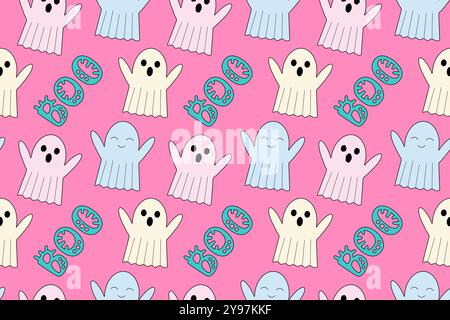 Adorable motif sans couture d'Halloween avec de mignons fantômes et du texte Boo. Parfait pour les designs et décorations de vacances effrayants mais amusants. Illustration de Vecteur