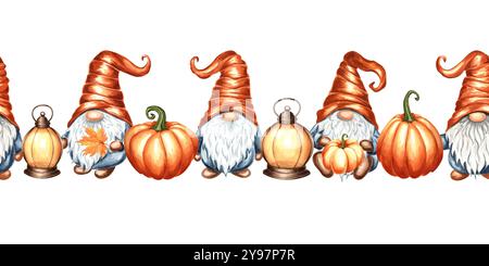 Gnomes avec citrouilles et lanternes. Bordure sans couture d'automne. Répétition de l'automne à Thanksgiving ou Halloween. Illustration d'aquarelle dessinée à la main Banque D'Images