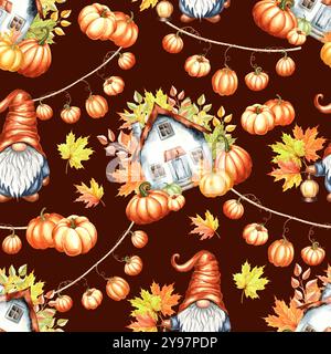 Gnomes avec citrouilles et maison de jardin. Modèle pour enfants sans couture d'automne. Décoration d'automne pour Thanksgiving ou Halloween. Aquarelle dessinée à la main Banque D'Images