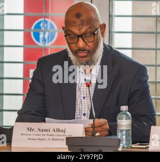 Genève, Genève, Suisse. 9 octobre 2024. Genève Suisse, 10/2024 : M. SAMI ALHAJ (Directeur du Centre pour les libertés publiques et les droits de l'homme, Al Jazeera) a expliqué le rôle de son département dans le cadre de la sécurité des journalistes. Sécurité des journalistes qui concerne la sécurité dans plusieurs régions du monde où les droits de la presse sont gravement menacés (en Afrique, au moyen-Orient et en Afrique du Nord (MENA) et dans d’autres régions) et qui a eu lieu au Centre international de conférences de Genève à Genève. (Crédit image : © Eric Dubost/ZUMA Press Wire) USAGE ÉDITORIAL SEULEMENT! Non destiné à UN USAGE commercial ! Banque D'Images