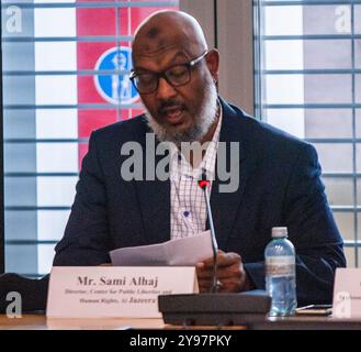 Genève, Genève, Suisse. 9 octobre 2024. Genève Suisse, 10/2024 : M. SAMI ALHAJ (Directeur du Centre pour les libertés publiques et les droits de l'homme, Al Jazeera) a expliqué le rôle de son département dans le cadre de la sécurité des journalistes. Sécurité des journalistes qui concerne la sécurité dans plusieurs régions du monde où les droits de la presse sont gravement menacés (en Afrique, au moyen-Orient et en Afrique du Nord (MENA) et dans d’autres régions) et qui a eu lieu au Centre international de conférences de Genève à Genève. (Crédit image : © Eric Dubost/ZUMA Press Wire) USAGE ÉDITORIAL SEULEMENT! Non destiné à UN USAGE commercial ! Banque D'Images