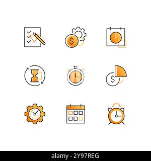 Gestion des affaires et du temps - icônes de style de conception de ligne définies Illustration de Vecteur