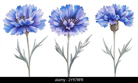 Illustration aquarelle de trois bleuets bleus en pleine floraison sur fond blanc. Banque D'Images