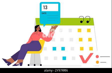 Concept de femme d'affaires. Une femme professionnelle planifiant ses tâches sur un grand calendrier pour respecter les échéances. Gestion du temps et stratégie de planification. Illustration vectorielle. Illustration de Vecteur