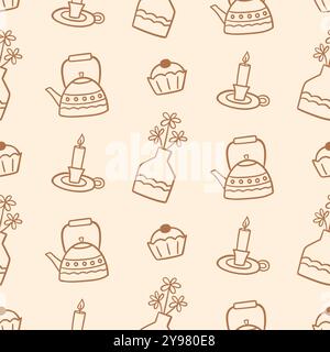 Cozy Tea Time Doodle Sketch Cute Seamless Pattern Illustration de Vecteur