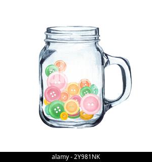 Tasse en verre avec boutons colorés. Clipart de couture. Coutellerie. Sur mesure. Illustration d'aquarelle dessinée à la main. Banque D'Images