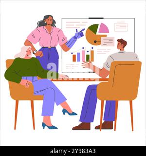 Concept de femme d'affaires de diversité. Une équipe diversifiée s'engage avec une femme d'affaires présentant un graphique de données. Inclusion dans les réunions de stratégie d'entreprise. Illustration vectorielle. Illustration de Vecteur