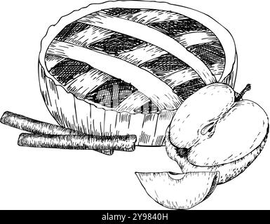 Tarte aux pommes traditionnelle avec des bâtonnets de cannelle et des tranches de pommes graphiques d'encre. Gâteau cuit à l'automne , gravure illustration de nourriture pour l'emballage de produit, boulangerie Illustration de Vecteur