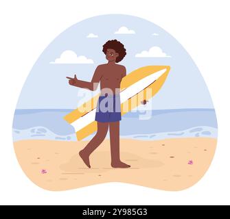 Personnages dans un short de bain passant du temps sur la plage. Jeune personnage masculin, tenant une planche de surf, surfant en mer ou en océan. Sport extrême populaire, loisirs ou activité. Illustration vectorielle plate Illustration de Vecteur