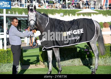 Ascot, Berkshire, Royaume-Uni. 5 octobre 2024. SUNFALL monté par le jockey Cieren Fallon remporte les McGee Group British EBF October Stakes (Class 1) (course listée) au BetMGM Autumn Saturday Raceday à Ascot Racecourse dans le Berkshire. Propriétaire, éleveur et commanditaire, Cheveley Park Stud Limited, entraîneur William Haggas, Newmarket. Crédit : Maureen McLean/Alamy Banque D'Images