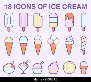 Icônes de crème glacée définies. Symboles colorés simples de différents types de dessert au lait congelé. Sucré d'été dans un cône de gaufre, un bol ou une sucette glacée. Illustration vectorielle plate Illustration de Vecteur