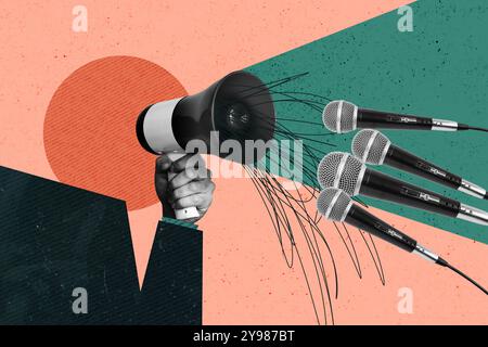 Image d'illustration de collage composite image du microphone de haut-parleur de maintien de bras isolé sur fond créatif Banque D'Images