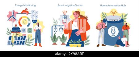 Smart Home Set. Comprend une surveillance de l'énergie, un système d'irrigation intelligent et un hub domotique. Les gens interagissent avec la technologie de pointe pour une vie efficace. Illustration vectorielle. Illustration de Vecteur