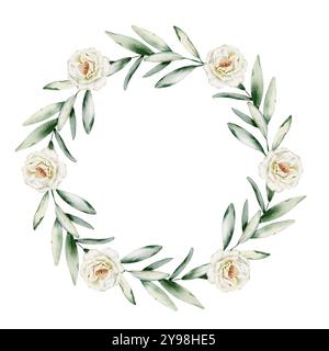 Couronne florale à l'aquarelle avec fleurs blanches et feuilles vertes. Dessin de cadre rond avec des roses et des pivoines sur fond isolé pour les cartes de voeux Banque D'Images