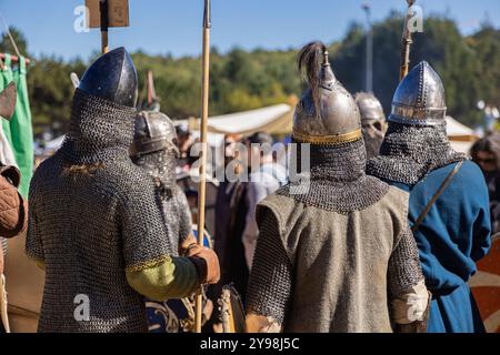 Les réacteurs médiévaux portant une armure de maille sont vus de derrière tenant des lances tout en se tenant debout dans une rangée Banque D'Images