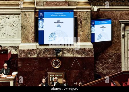 Antonin Burat / le Pictorium - Motion de censure contre le premier ministre Michel Barnier à l'Assemblée nationale, le 8 octobre 2024. - 08/10/2024 - France / Paris - avec seulement 197 voix pour, la motion de censure contre Michel Barnier, défendue par des députés de gauche, a été rejetée. Banque D'Images