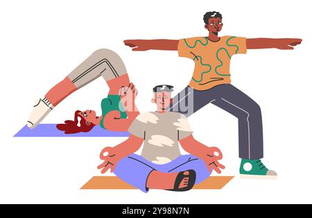 Des personnes diverses qui font du sport. Activité physique et forme physique. Personnes matures ou adultes pratiquant le yoga ou la gymnastique. Illustration vectorielle plate Illustration de Vecteur