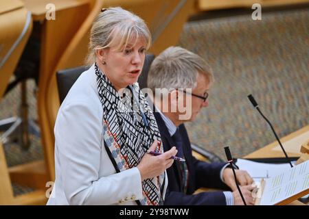 Édimbourg Écosse, Royaume-Uni 09 octobre 2024. Shona Robison, secrétaire du Cabinet aux finances et aux collectivités locales, au Parlement écossais pour le débat du Parti vert écossais sur les priorités budgétaires 2025-26. crédit sst/alamy live news Banque D'Images