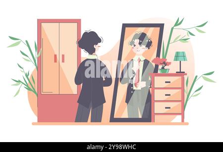 Routine quotidienne d'un homme asiatique. Un gars qui s'habille se prépare à aller travailler. Personnage masculin portant son costume de bureau ajustant une cravate. Horaire d'homme d'affaires, style de vie moderne. Illustration vectorielle plate Illustration de Vecteur