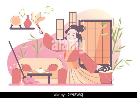 Routine quotidienne d'une femme asiatique. Femme au foyer japonaise en vêtements traditionnels nettoyant la maison. Femme essuyant la poussière des étagères et du sol. Illustration vectorielle plate Illustration de Vecteur