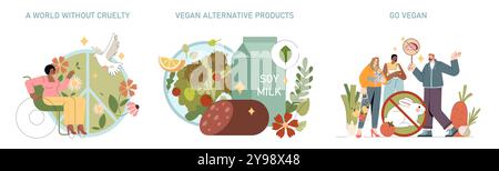 Journée mondiale végétalienne. Promouvoir une vie sans cruauté, une nutrition à base de plantes et la compassion. Alimentation éthique, droits des animaux et protection de l'environnement. Jeu d'illustrations vectorielles. Illustration de Vecteur