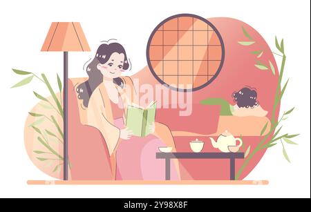 Routine quotidienne d'une femme asiatique. Femme au foyer japonaise en vêtements traditionnels lisant un livre avant de dormir, femme calme assise dans le fauteuil avec une tasse de thé. Illustration vectorielle plate Illustration de Vecteur